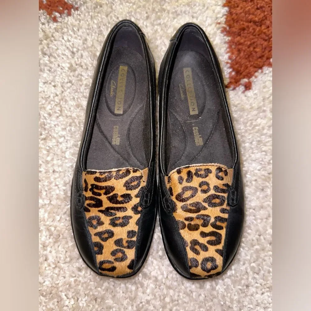 Clarks Collection Bayou Leather and Leopard Horse Hair Loafers- NWOT 5